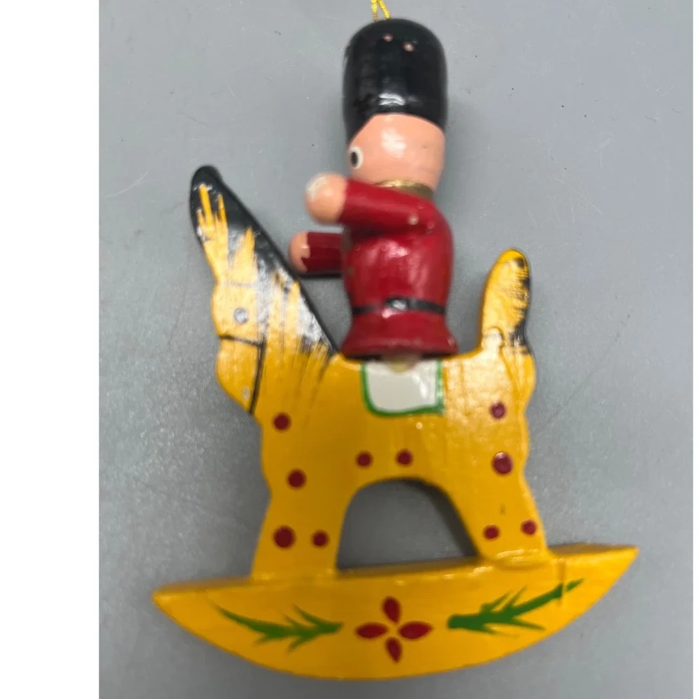 Vintage‎ Soldier on Wooden Rocking Horse Ornament Yellow Toy Pony Red